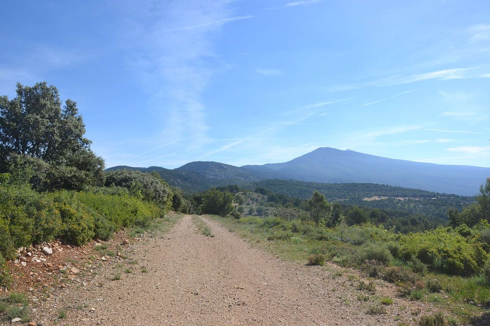 Un large chemin dans les collines du Paty, avec le Mont Ventoux au fond